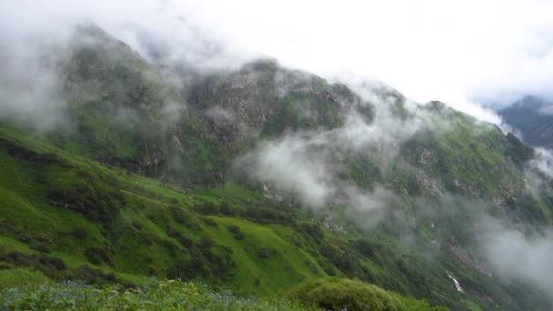 背景に美しい山の峰や滝 シュリックハンド マハージェフ カイラシュ ヒマラヤ ヤトラ ヒマカル プラデーシュ州インド — ストック動画