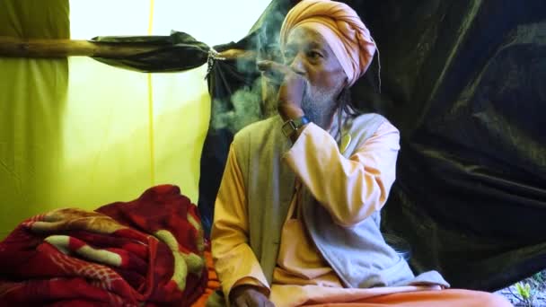 Juli 2022 Himachal Pradesh Indien Porträtt Indisk Sadhu Rökning Gryta — Stockvideo