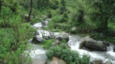 Hindistan 'ı çevreleyen dağlarla birlikte ormanın içinden akan bir nehrin geniş açılı görüntüsü. Dehradun 'un uttarakhand kenti.