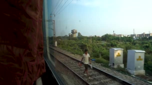 Pistas Paralelas Que Corren Largo Tren Exceso Velocidad Con Árboles — Vídeo de stock