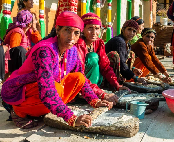 stock image 31st January 2023, Tehri Garhwal, Uttarakhand, India. Women Preparing traditional cuisine in groups during a marriage ceremony. District Jaunsar-Jaunpur