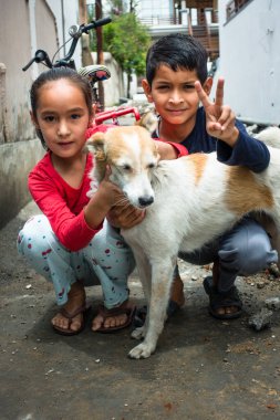 14 Ekim 2022 Uttarakhand, Hindistan. Genç Hintli kardeşler, bir erkek ve bir kız kardeş, neşeyle bir köpekle oynuyorlar. İnsanın içini ısıtan aile bağları ve evcil hayvan arkadaşlığı.