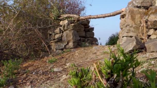 屋外の農地のサイド柱として木製のログと石で作られたDiyエントリーゲート ウッタルカンド村 インド — ストック動画