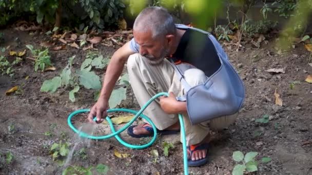 Октября 2022 Уттаракханд Индия Пожилой Индиец Отставке Поливает Свой Сад — стоковое видео