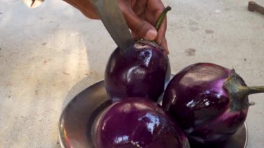 Kuzey Hindistan 'da Angeethi adında geleneksel bir kil ocağında tam kavrulmuş patlıcan ya da brinjal. Kuzey Hint mutfağı hazırlığı, Baigan ka Bharta. Hindistan