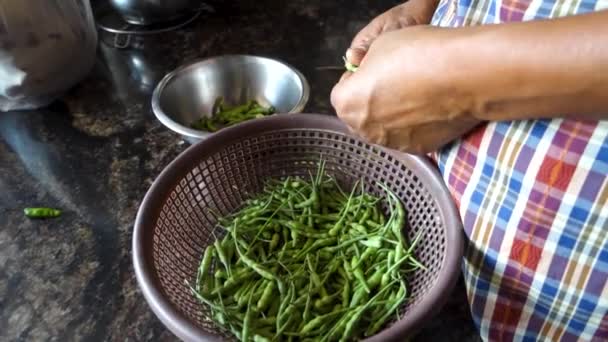 料理のクラフトマンシップ 伝統的なウッタルカンドキッチンシーン ラットテールラディッシュ グリーンファリ を処理する人間 インド料理 — ストック動画