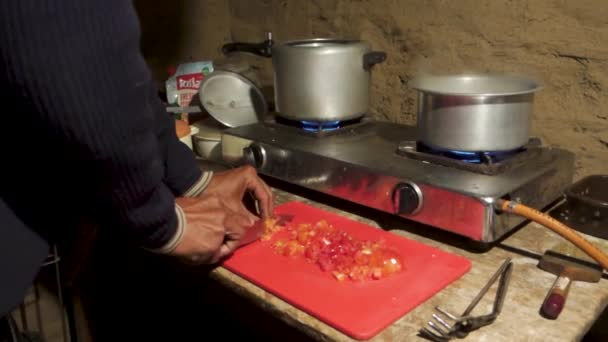 Organic Living Uttarakhand Cinematic Footage Vegetable Cutting Mud Kitchen — Stock Video