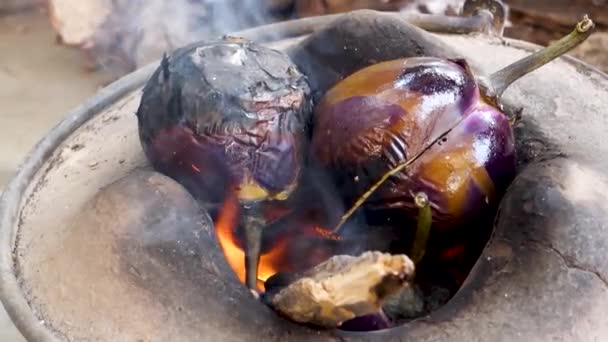 Roosteren Aubergine Met Ijzeren Pincet Een Traditionele Houtkachel Uttarakhand India — Stockvideo