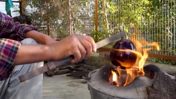 Roosteren Aubergine Met Ijzeren Pincet Een Traditionele Houtkachel Uttarakhand India — Stockvideo
