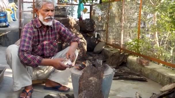 December 2023 Uttarakhand Indien Traditionell Utomhusmatlagning Indian Man Roasting Eggplant — Stockvideo