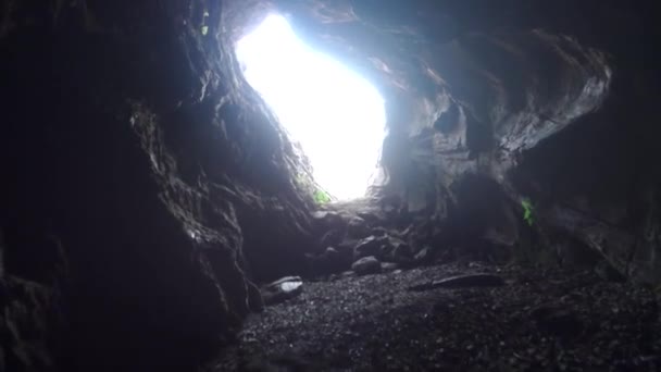 Gazing Outward Deep Cave Sunlight Filtering Opening Himalayan Cave Uttarakhand — Stock Video