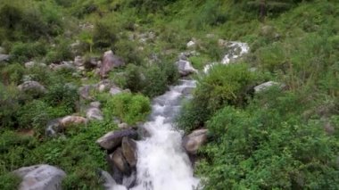 Hindistan 'ı çevreleyen dağlarla birlikte ormanın içinden akan bir nehrin geniş açılı görüntüsü. Dehradun 'un uttarakhand kenti.