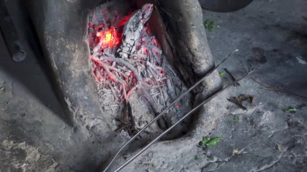 Close Shot Traditional Fireplace Made Mud Clay Rural Household Kitchen — Stock Video