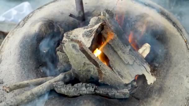 Uttarakhand Winter Clay Stove Authentic Stock Footage Orange Flames Rural — Stock Video
