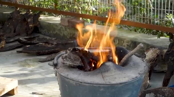 Uttarakhand Winter Clay Stove Authentic Stock Footage Orange Flames Rural — Stock Video