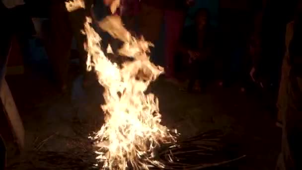 Ciepło Zimowe Wysokie Płomienie Drewna Opałowego Zgromadzonym Tłumem Uttarakhand Indie — Wideo stockowe