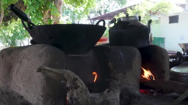 Piękny Tradycyjny Kominek Wykonany Gliny Palącym Się Drewnem Żeliwnych Naczyń — Wideo stockowe