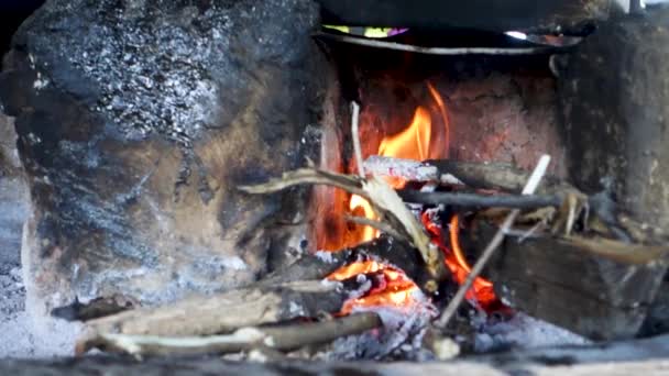Une Belle Cheminée Traditionnelle Argile Avec Bois Brûlant Des Récipients — Video