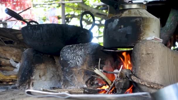 Uttarakhand Cuisine 手工粘土炉灶上的传统烹调 柴火燃烧 铸铁器皿的有机培养配方 — 图库视频影像
