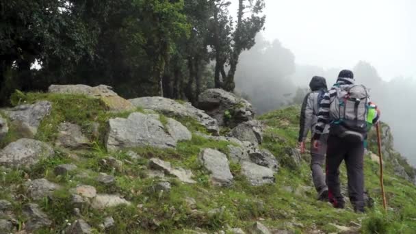 Сентября 2021 Уттаракхандский Индийский Турист Рюкзаками Тростями Время Гималайского Похода — стоковое видео