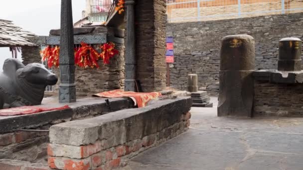 Februari 2024 Uttarakhand India Lakhamandal Tempel Buitenkant Stone Nandi Bull — Stockvideo