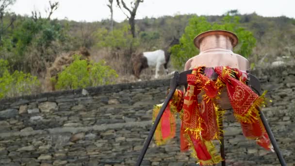 Традиционная Индуистская Церемония Медный Сосуд Красная Ткань Уттаракханде Индия — стоковое видео
