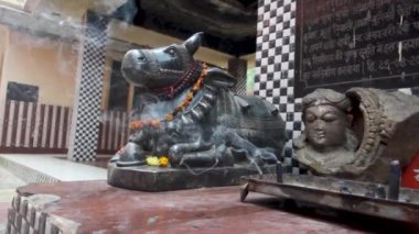 22 Mart 2024, Dehradun Şehri Uttarakhand Hindistan. Şiva tapınağının içinde tütsü yakan siyah bir Nandi Bull heykelinin yer aldığı Hindu tanrı temalı bir sahne, Shivaratri festivalinin ruhunu yansıtıyor..