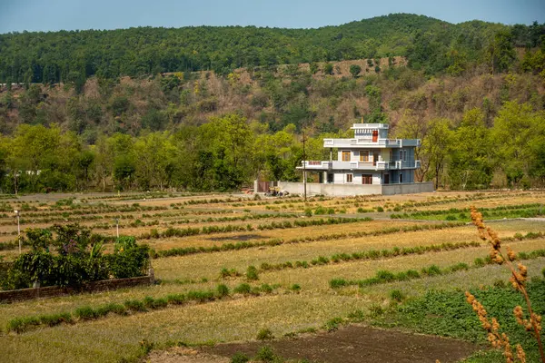 stock image June 10th 2024, Dehradun City Uttarakhand, India. Footage of urban housing construction amid farmland in Dehradun outskirts, Uttarakhand, India. Rural-urban transition.