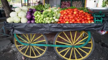 Dehradun City, Uttarakhand, Hindistan 'da taze sebze ve meyve dolu organik sebze satıcısı..