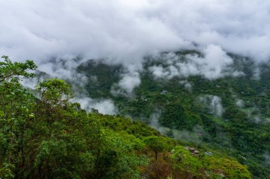 Uttarakhand, Hindistan 'da muson mevsiminde bulutlarla kaplı Almora vadilerinin ve dağların güzel manzarası.