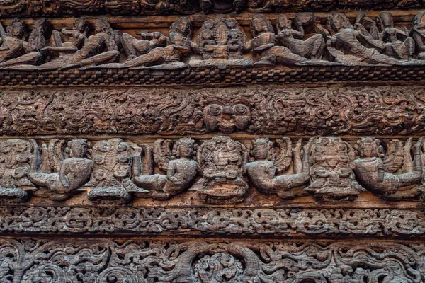 stock image July25th2024, Himachal Pradesh, India. Century-old carved wooden sculpture at Chaurasi Temple in Bharmour, Chamba, Himachal Pradesh, part of the Manimahesh Kailash pilgrimage.