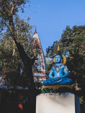 Feb'17th2025 Dehradun Uttarakhand India. Blue Lord Shiva statue meditating on a loin cloth with folded hands and sheshnag around the neck, set against a temple dome in Dehradun, Uttarakhand, India. clipart