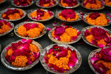 Geleneksel pooja çiçekleri sunar ve Gangotri Dham 'da kutsal bir Hindu hac alanı olan kâselerde maddelere tapar..