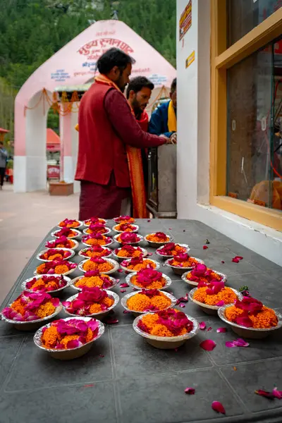Mayıs 2025, Uttarakhand Hindistan. Geleneksel pooja çiçekleri sunar ve Gangotri Dham 'da kutsal bir Hindu hac alanı olan kâselerde maddelere tapar..