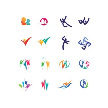Soyut insanlar logo tasarımı. Eğlenceli insanlar, sağlıklı insanlar, spor, toplum insanları vektör illüstrasyonunu sembolize ediyor.