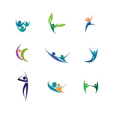 Soyut insanlar logo tasarımı. Eğlenceli insanlar, sağlıklı insanlar, spor, toplum insanları vektör illüstrasyonunu sembolize ediyor.