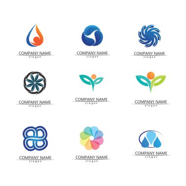 Dalga logosu izole edilmiş yuvarlak logo. Mavi renk logoti. Akan su görüntüsü. Deniz, okyanus, nehir yüzeyi.
