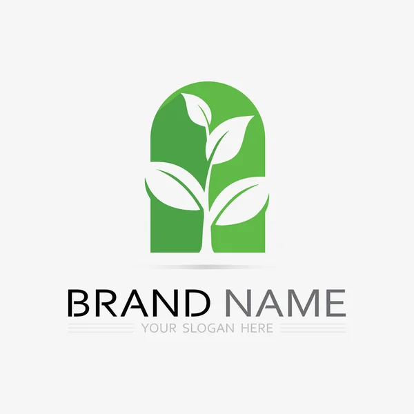 Gardening Logo Shovel Icon Tree Green Leaves Logo Template — Stock Vector