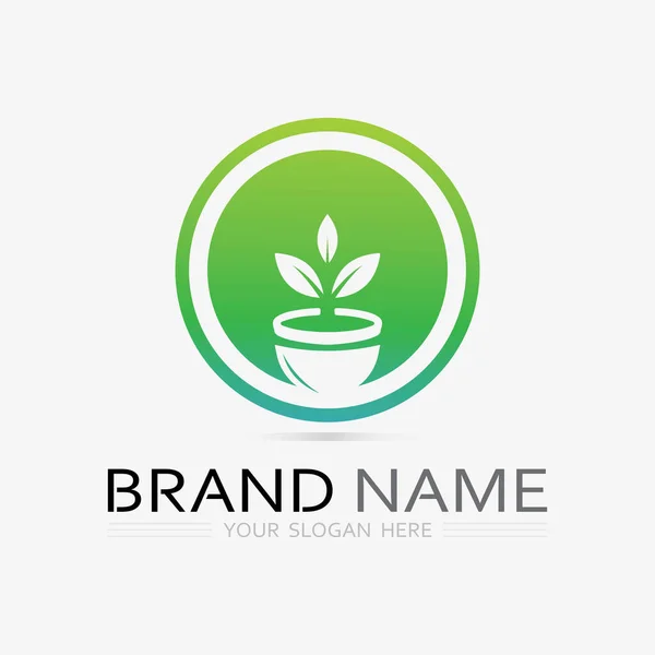 Logo Jardinage Avec Icône Pelle Arbre Avec Modèle Logo Feuilles — Image vectorielle