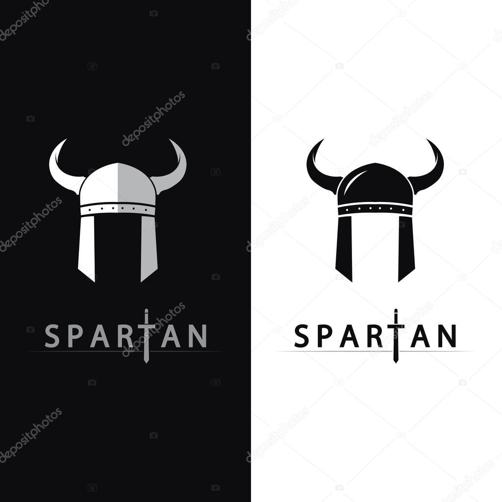 Ancient Spartan Shield Logo Design Vector with Sword and Warrior Helmet Icon