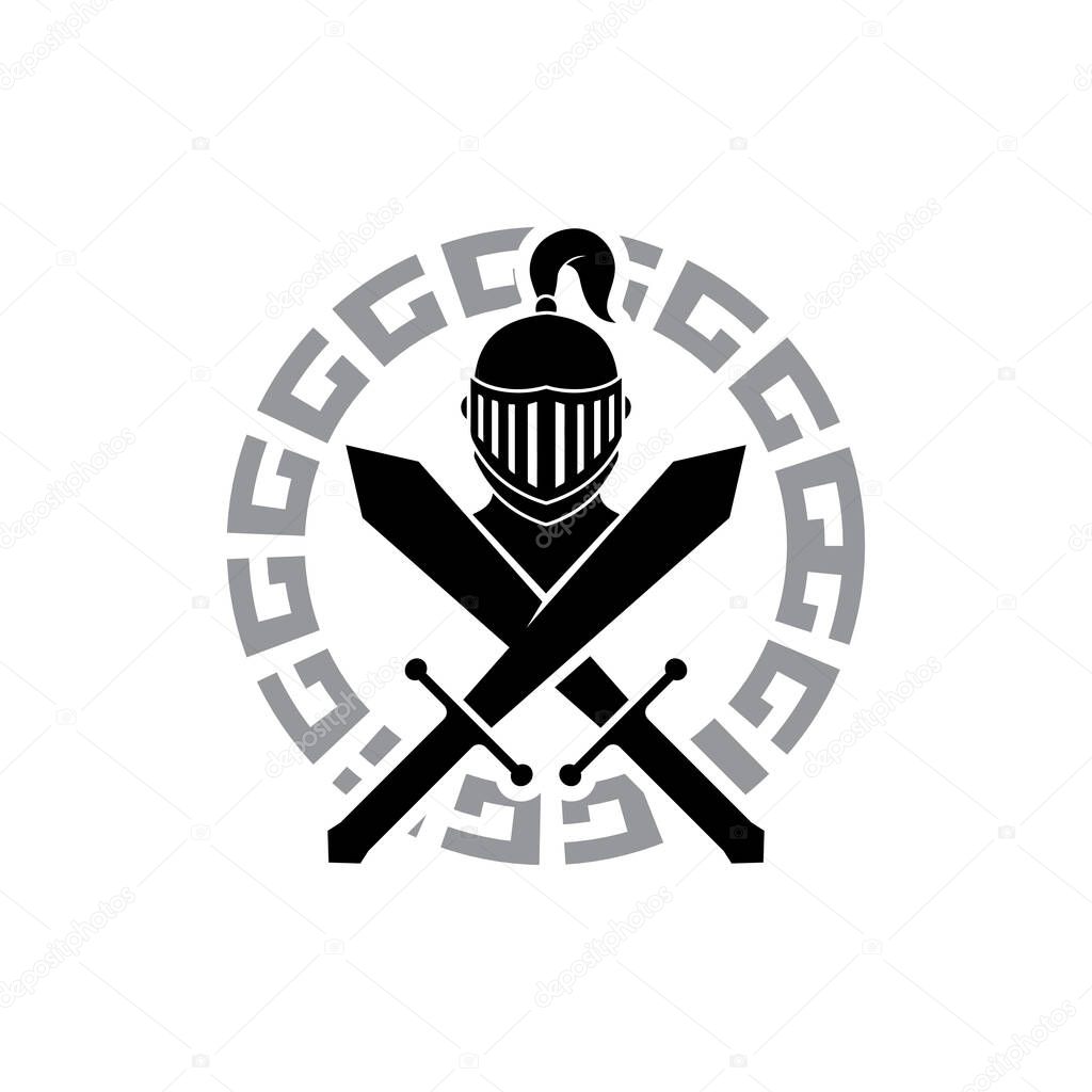Gladiator Helmet Vector Illustration with Warrior Sword for Historic Combat Logo