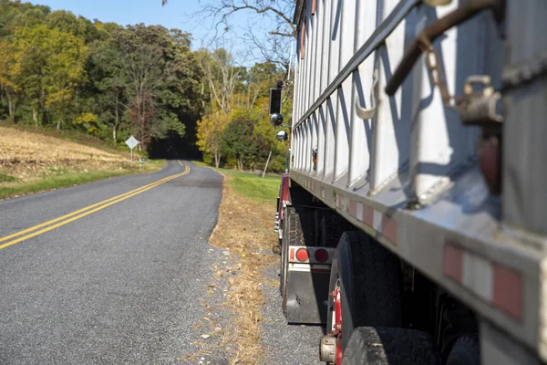 Agricultural Truck Closeup Side View Stopped Paved Country Road Autumn — Stock Photo, Image