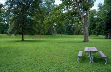 Ohio 'daki tarih öncesi yerli halk tarafından inşa edilmiş Newark Dünya Fabrikası' ndaki Büyük Çember 'in dış tarafındaki boş bir piknik masası. Yeşil çimenler, güneşli açık hava, insan yok ve kopyalama alanı var..