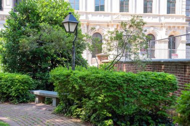 Çalıları ve gri taştan bir bankın üzerinde gaz lambası olan eski bir park ve üzerinde insan olmayan kırmızı tuğlalı bir yol. Açık havada, güneş ışığında çekilmiş. Sessiz meditasyon yeri, dinginlik ve yalnızlık.