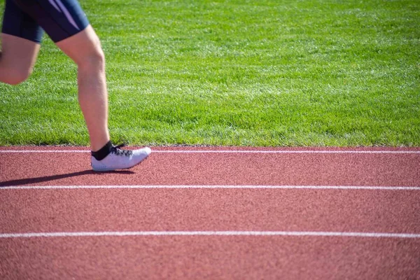 Runner leg and foot off center outdoors with copy space. Athletic track for running races track and field events. Closeup of horizontal lane lines with track surface texture and green grass background
