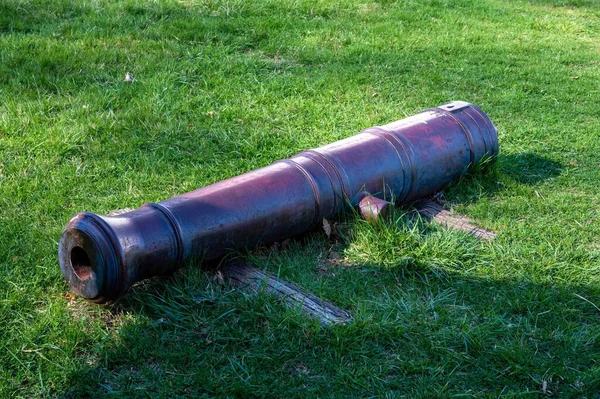 ホープウェル ファニチャーでペンシルベニア植民地で製造された鉄砲 キャノンはコピースペースと誰もいない晴れた日に草の中にあります — ストック写真