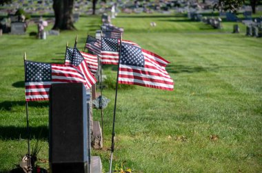 Gazilerin mezar taşlarının yanında rüzgarda dalgalanan Amerikan bayrakları olan yeşil çim mezarlığı. Kopyalama alanı olan insanlar yok..