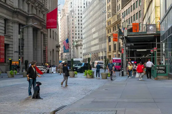 ニューヨーク ニューヨーク アメリカ コブストーンストリート上の歩行者や犬 ブロードストリートのブロードエクスチェンジの前に足場の歩道 マンハッタン 金融地区 Nyc — ストック写真