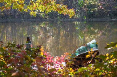 French Creek State Park, Elverson, PA, USA 10-25-2023 Scotts Run Lake Pennsylvania. Yalnız bir kadın, sonbahar yaprakları suya yansıyan huzurlu bir gölde balık tutar. Ağaçları gördüm, yanında kanoyla birlikte. Birlikte seçmeli odak