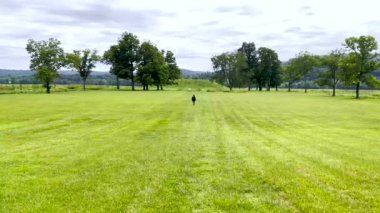 A young man walks toward the Native American Hopewell Culture prehistoric Seip Earthworks burial mound in Ohio. Ancient large long mound. Grass is neatly trimmed with trees and dramatic sky. Copy